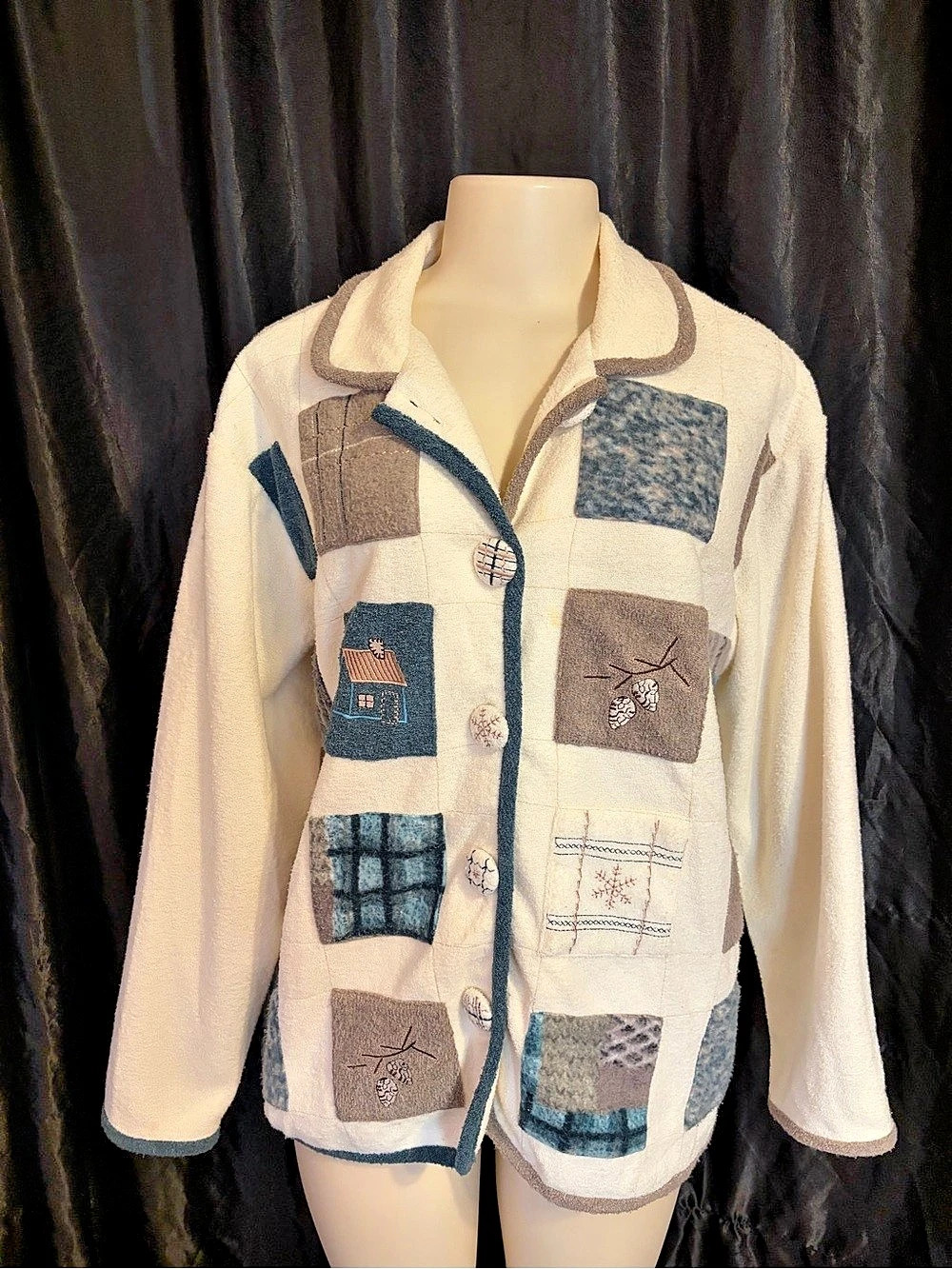 Vintage Teddi Winter Patchwork Fleece Button Up Jacket cardigan